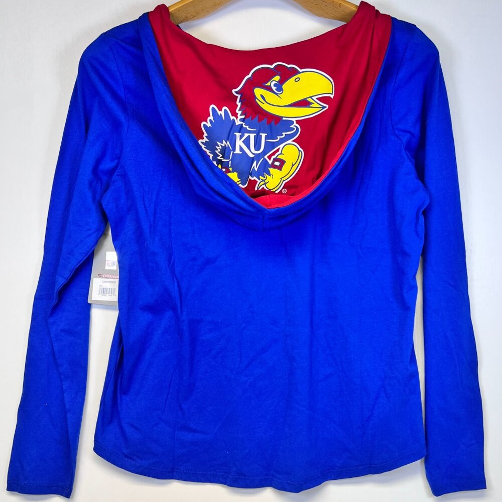 Colosseum Kansas Jayhawks Hoodie KU T-Shirt Women’s L Red Blue Long Sleeve NWT